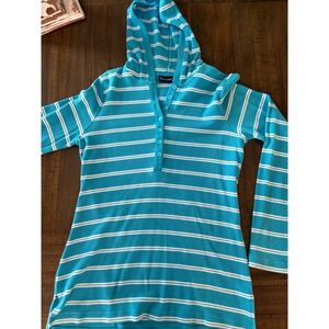 Denim & Co Women's Striped Henley Jersey Hoodie Hooded Aqua White Small Top Blue